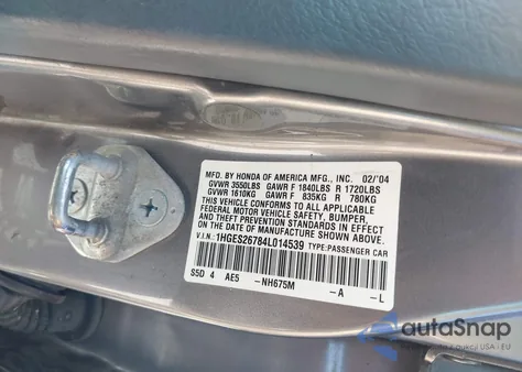 2004 Honda Civic Ex z USA, uszkodzony, nr VIN 1HGES26784L014539